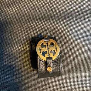Tory Burch Gold TT Logo Double Snap Cuff Bracelet Black Leather